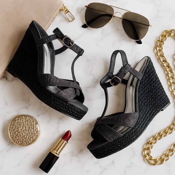 White House black market “Sophie Black” silvery/ shimmer wedge sandal ❤️ - Picture 1 of 7